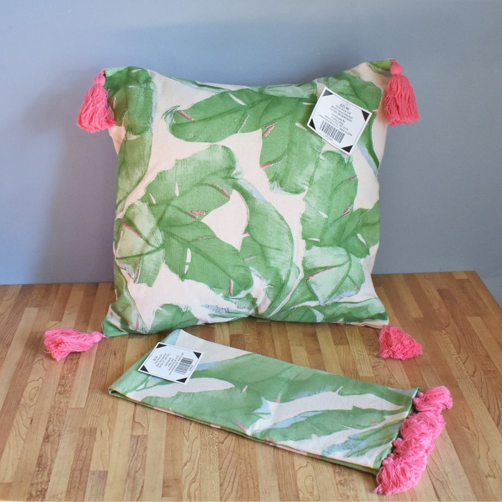 Palm Leaf Pillow & Hand Towel with Pink Tassels
